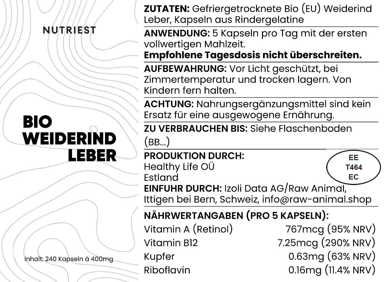 Getrocknete Bio-Rinderleber Kapseln aus Weidehaltung - Raw Animal