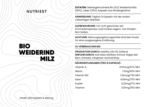 Getrocknete Bio Weiderind Milz in Kapseln
