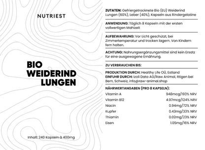 Getrocknete Bio Weiderind Lungen in Kapseln