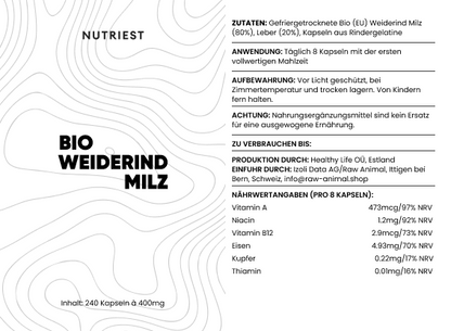 Getrocknete Bio Weiderind Milz in Kapseln