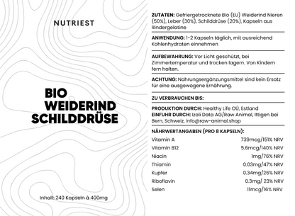 Getrocknete Bio Weiderind Schilddrüse in Kapseln