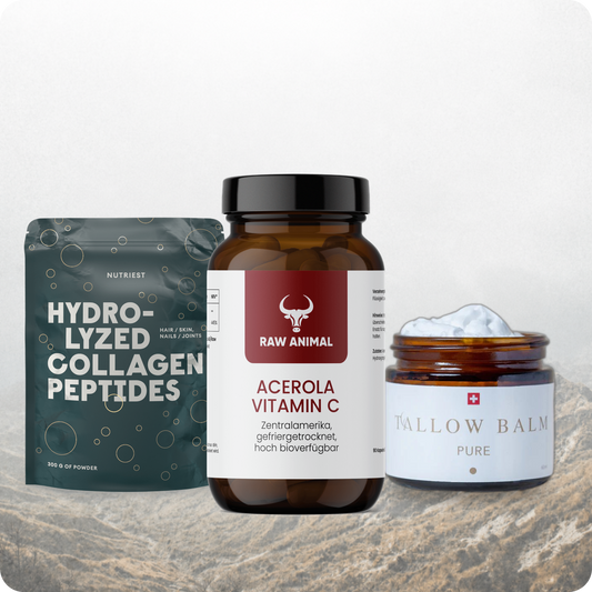 Haut-Trio: Kollagen Hydrolysat Pulver, Acerola Vitamin C Kapseln und Tallow Balm Pure