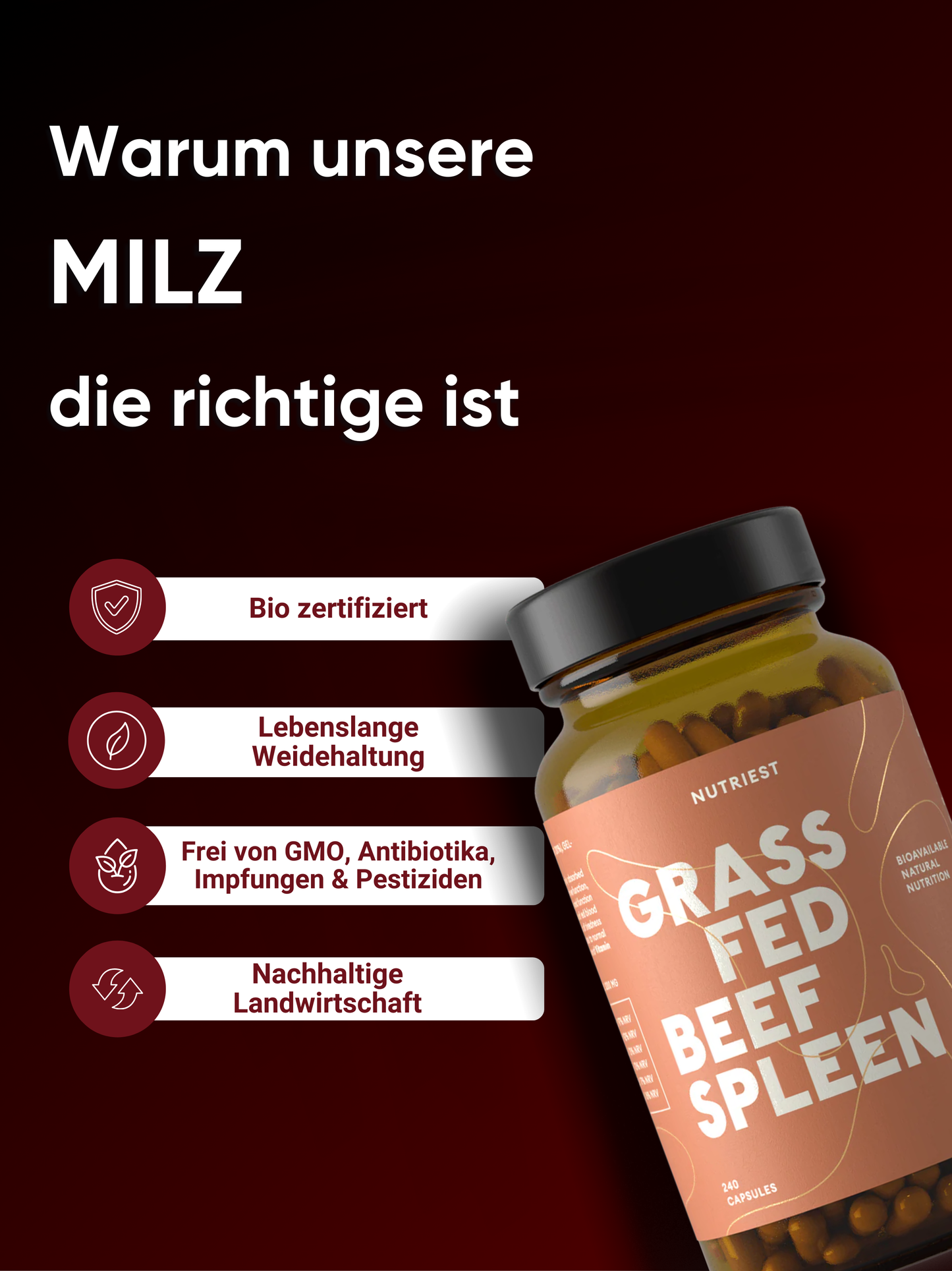 Getrocknete Bio Weiderind Milz in Kapseln