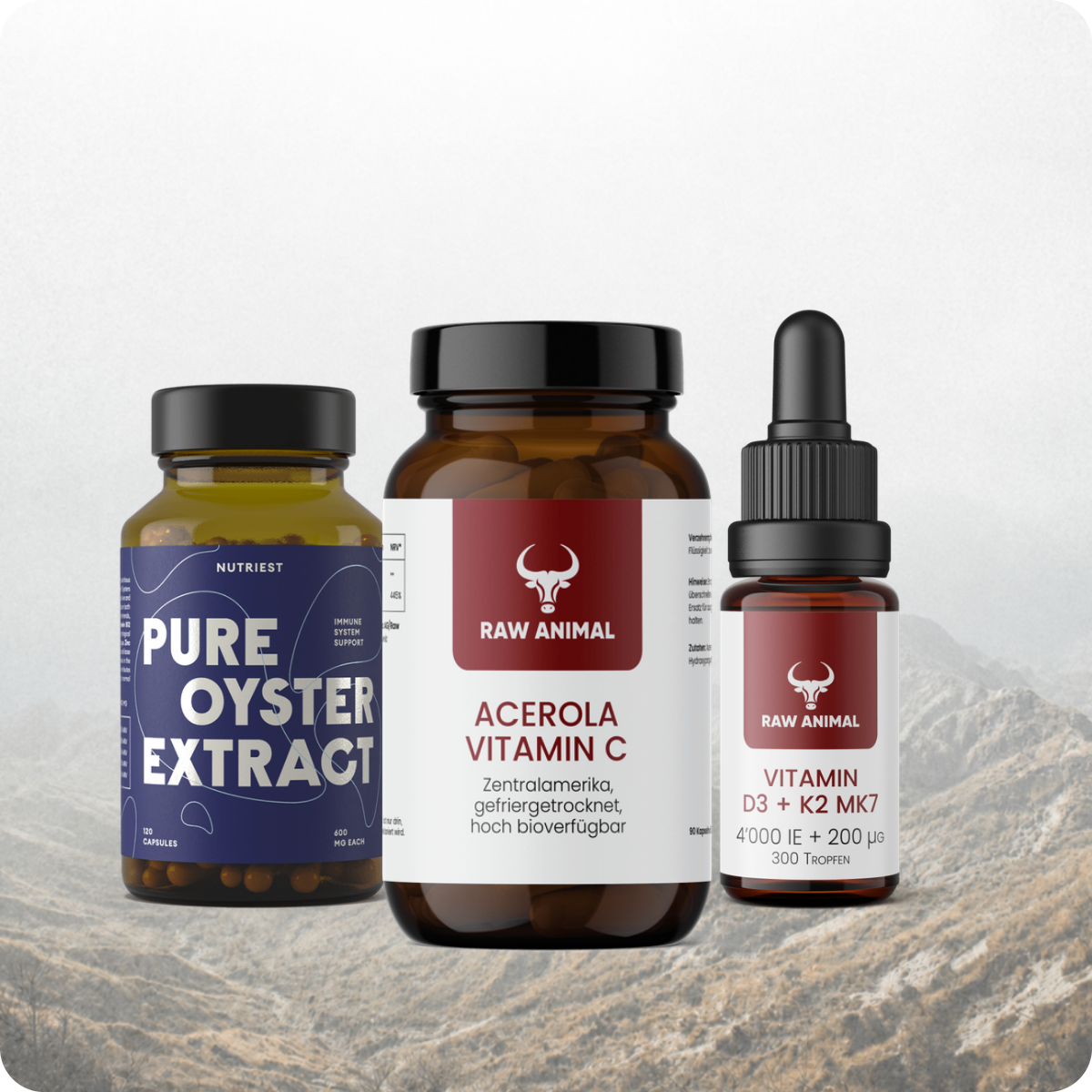 Winter-Trio: Acerola Vitamin C, Vitamin D3 + K2 Tropfen und Austernextrakt Kapseln